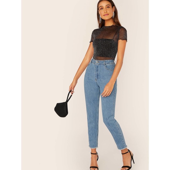 Glitter Sheer Mesh Lettuce Edge Top black metallic glitter - Picture 3 of 9